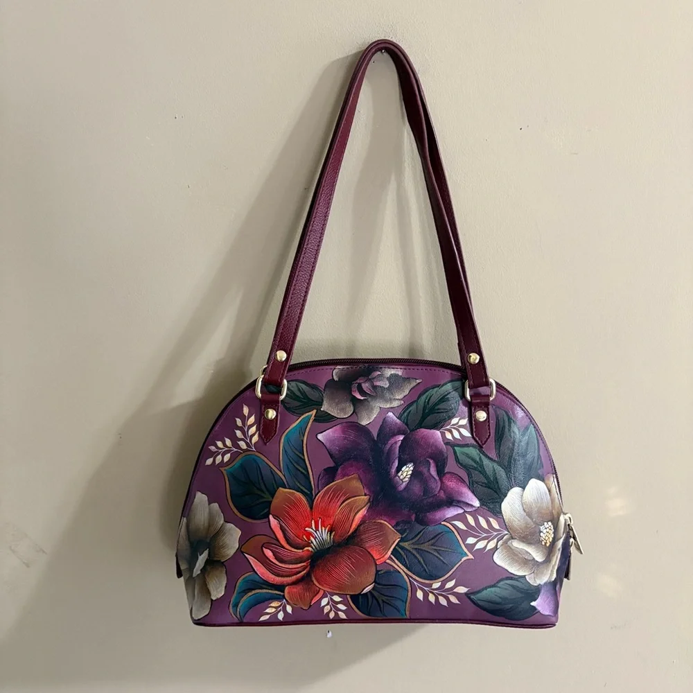 Anuschka Hand-Painted Floral Dome Shoulder Bag in Plum NWT - Picture 3 of 10
